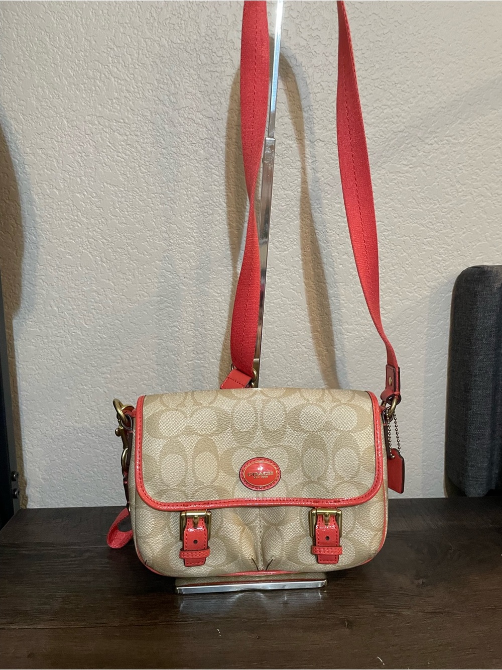 Coach Khaki Signature Crossbody with Coral Trim